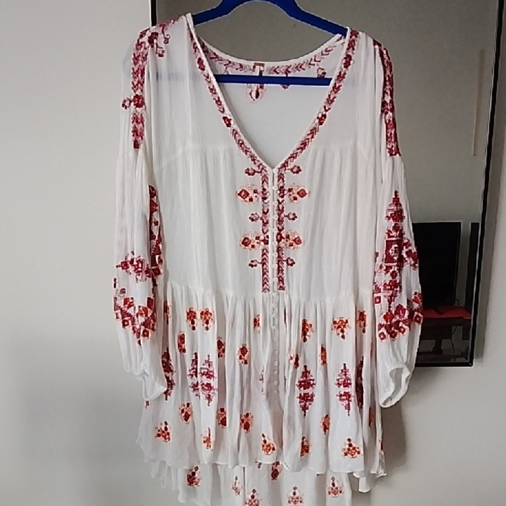 Free People Med White Pink Orange Brown Top